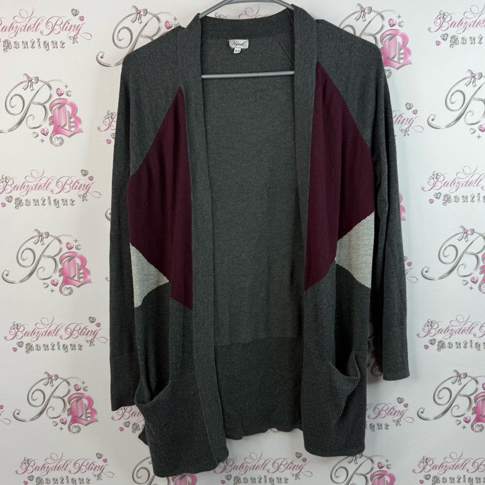 Kismet cardigan open front pockets argyle grey and Burgundy Cardigan